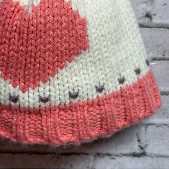 Knit Lined Winter Toddler Hat Pink Heart Pom Pom Toboggan Beanie 9.5" X 6" - Picture 7 of 8